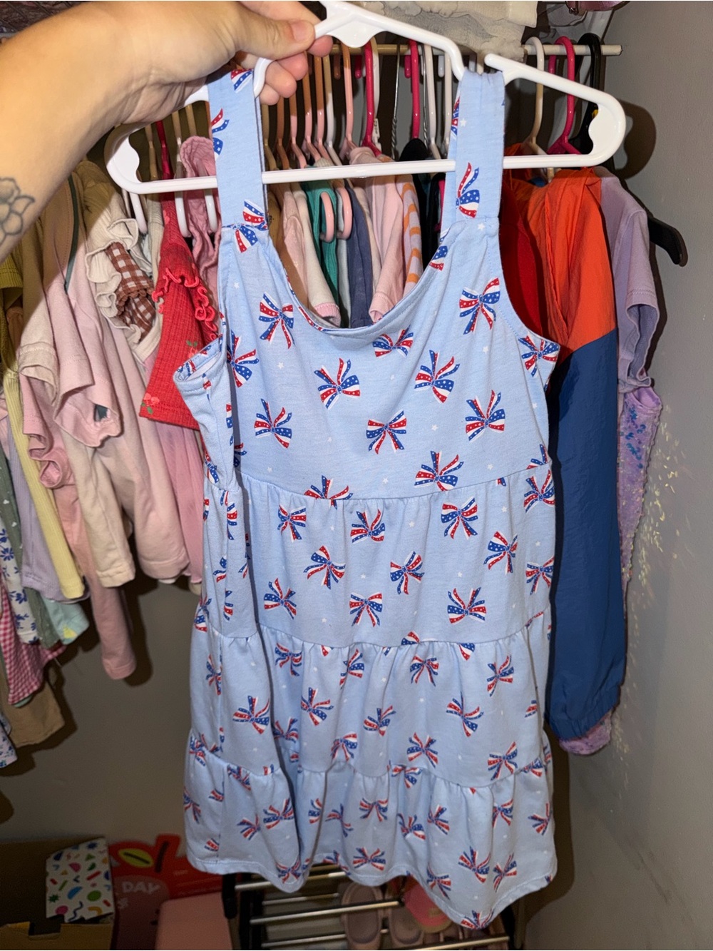 wonder nation Light Blue Tiered Tank Dress with Red & White Bow Print